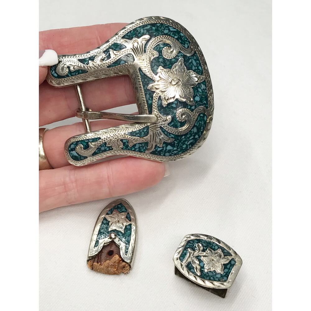 VTG Mexico Alpaca Silver Inlaid Turquoise Ornate Tipped Belt Buckle 3 Piece Set - Picture 10 of 16